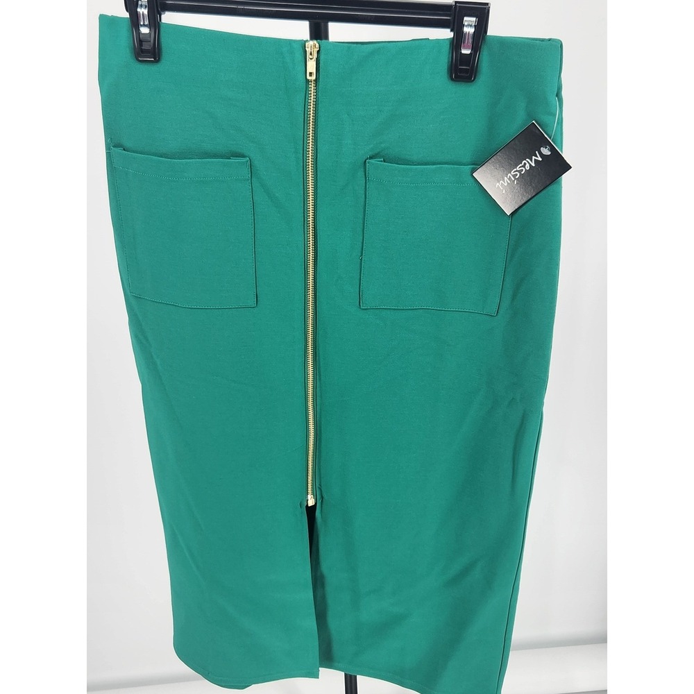 Messini Womens Green Full Zip Front Pencil Skirt Size Medium Gold Zipper Pockets